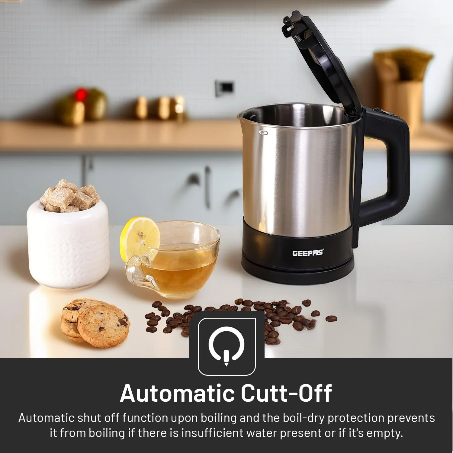 Geepas GK5418 1350W Travel Electric Kettle - Stainless Steel Housing, Boil-Dry & Overheat Protection |Boiler for Hot Water, Tea & Coffee | 1.0L | - Image 5