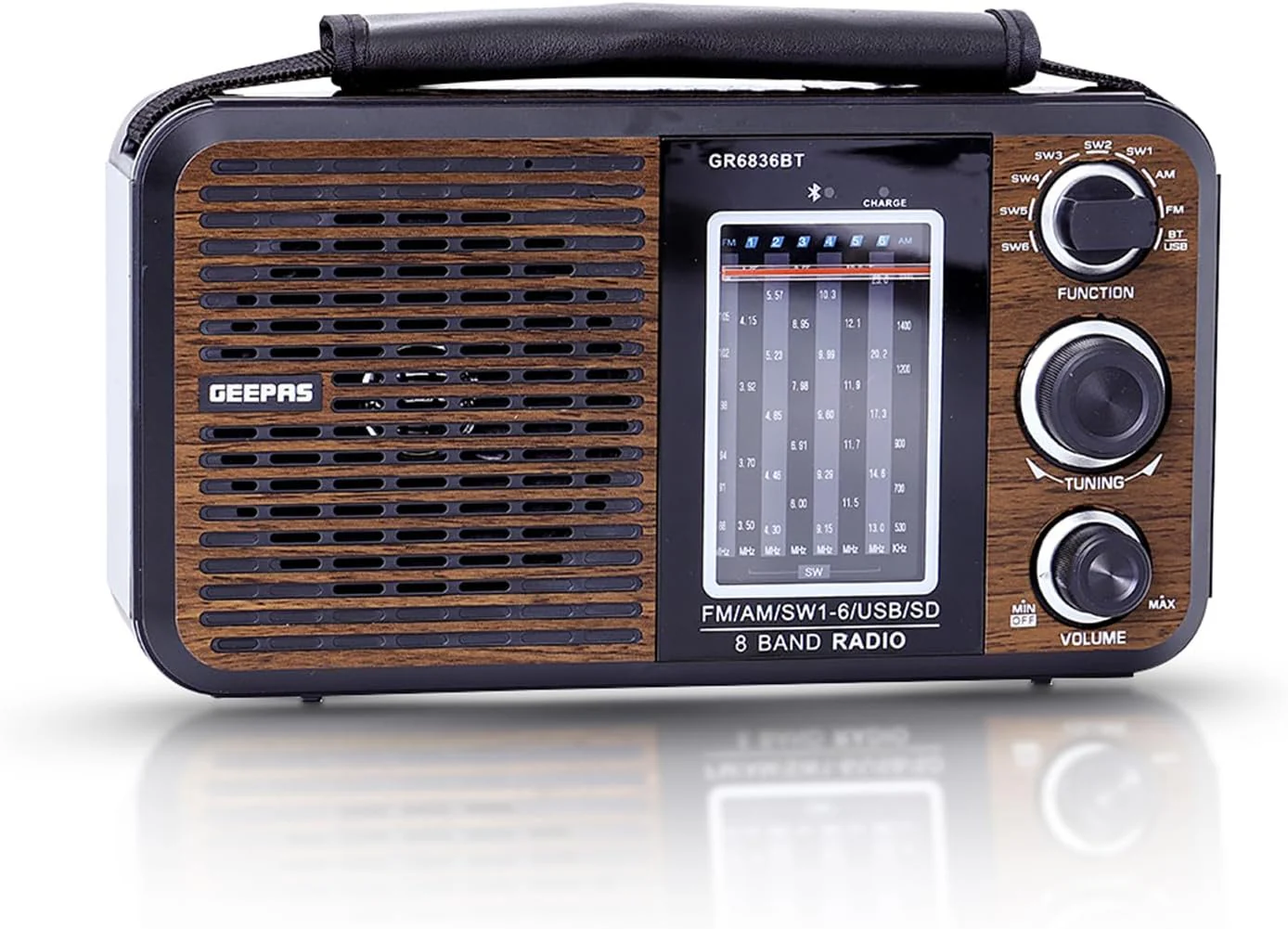 Geepas GR6836 8-Band Rechargeable Radio | Bluetooth, USB, SD Support | High Quality Audio | Portable Design with Long Battery Life