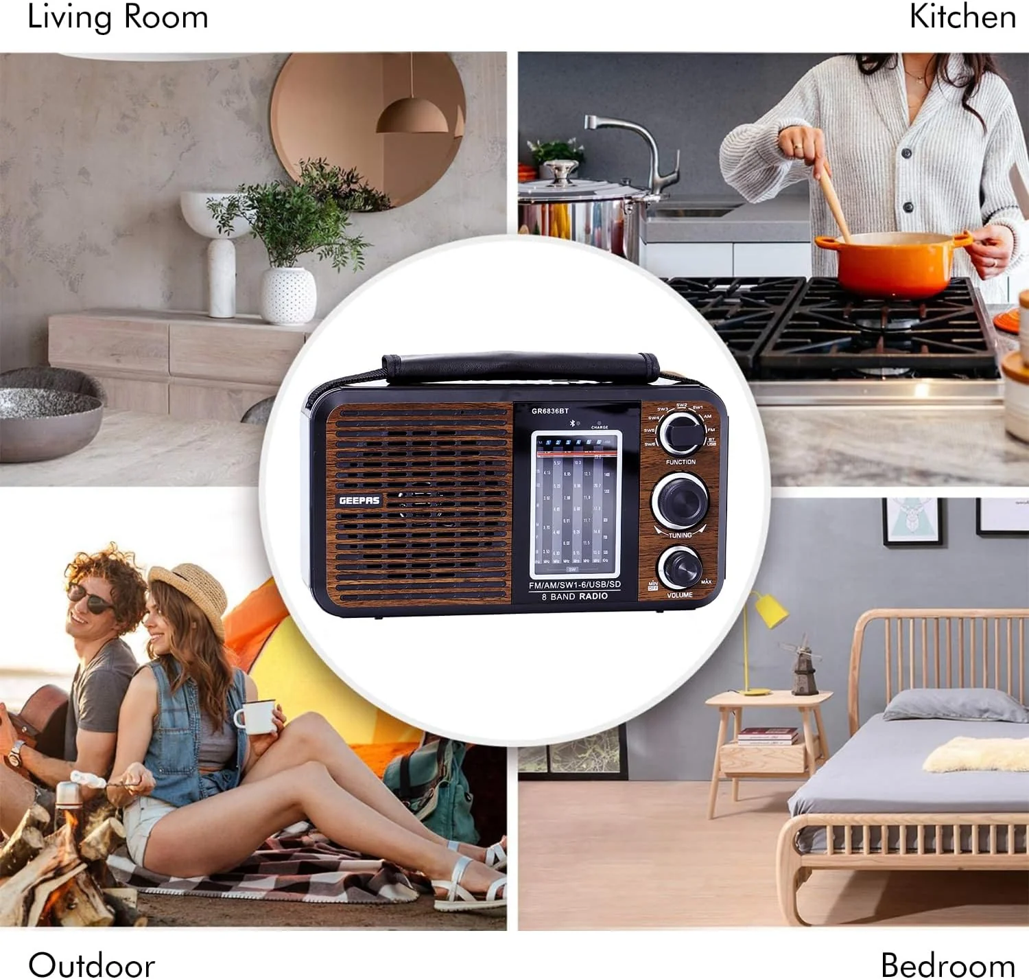 Geepas GR6836 8-Band Rechargeable Radio | Bluetooth, USB, SD Support | High Quality Audio | Portable Design with Long Battery Life - Image 4