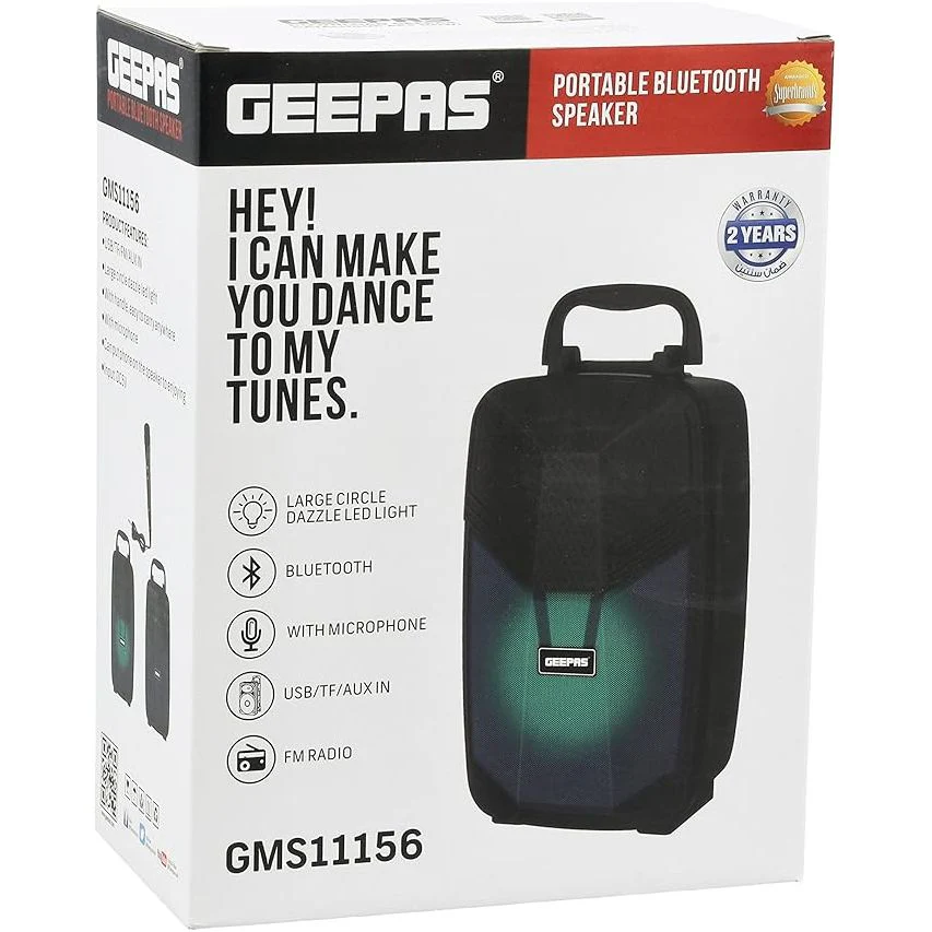 Geepas Portable Bluetooth Speaker, With Microphone, GMS11156 USB/TF/FM/AUX IN Large Circle Dazzle LED Light Portable & Lightweight Ideal For Home, Hotels & Outdoor Use, Black - Image 5