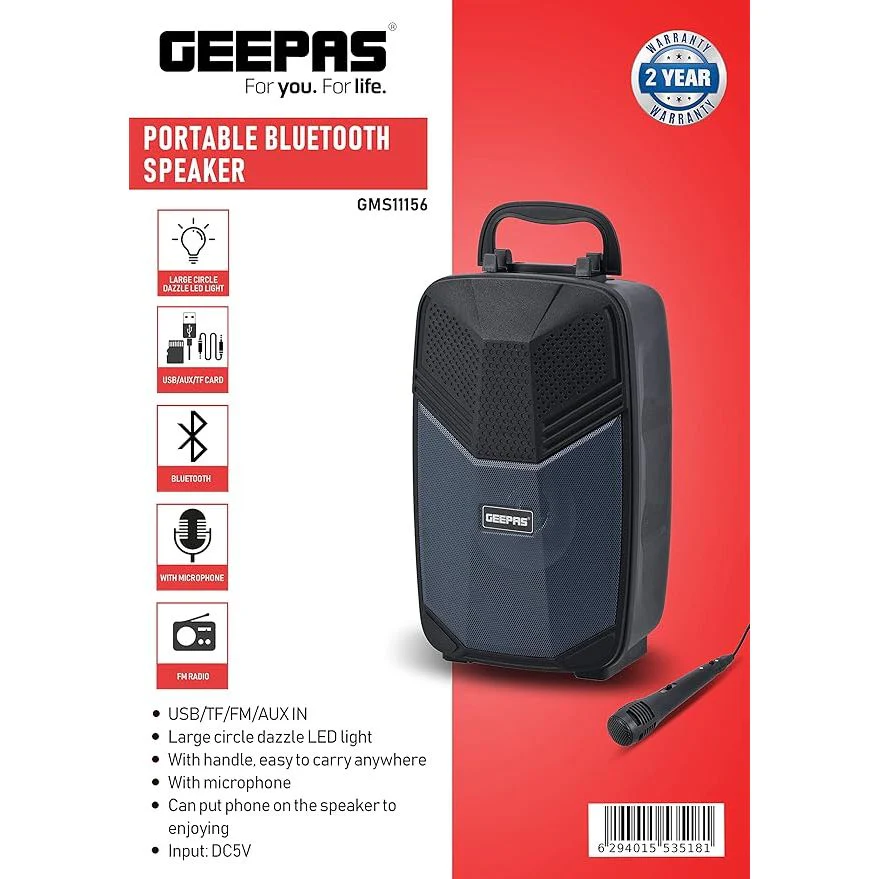 Geepas Portable Bluetooth Speaker, With Microphone, GMS11156 USB/TF/FM/AUX IN Large Circle Dazzle LED Light Portable & Lightweight Ideal For Home, Hotels & Outdoor Use, Black - Image 6