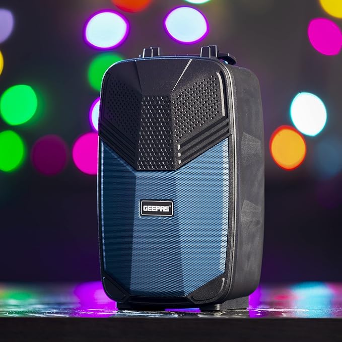 Geepas Portable Bluetooth Speaker, With Microphone, GMS11156 USB/TF/FM/AUX IN Large Circle Dazzle LED Light Portable & Lightweight Ideal For Home, Hotels & Outdoor Use, Black - Image 7