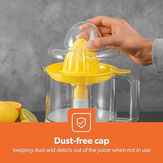 Geepas Portable Citrus Juicer Set Non Slip Feet Transparent Lid Plastic Body Effortless Juicer with 2 Cones Bi-Direction Twist for Quick Nutritious Juices 1 L 25 W GCJ9900 Yellow/White - Image 3