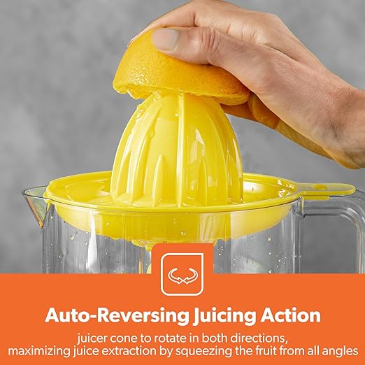 Geepas Portable Citrus Juicer Set Non Slip Feet Transparent Lid Plastic Body Effortless Juicer with 2 Cones Bi-Direction Twist for Quick Nutritious Juices 1 L 25 W GCJ9900 Yellow/White - Image 4