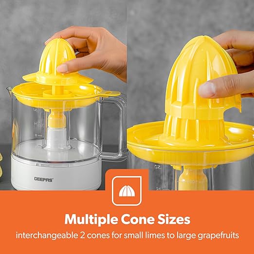 Geepas Portable Citrus Juicer Set Non Slip Feet Transparent Lid Plastic Body Effortless Juicer with 2 Cones Bi-Direction Twist for Quick Nutritious Juices 1 L 25 W GCJ9900 Yellow/White - Image 5