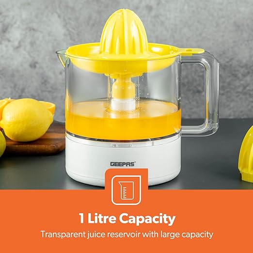 Geepas Portable Citrus Juicer Set Non Slip Feet Transparent Lid Plastic Body Effortless Juicer with 2 Cones Bi-Direction Twist for Quick Nutritious Juices 1 L 25 W GCJ9900 Yellow/White - Image 6
