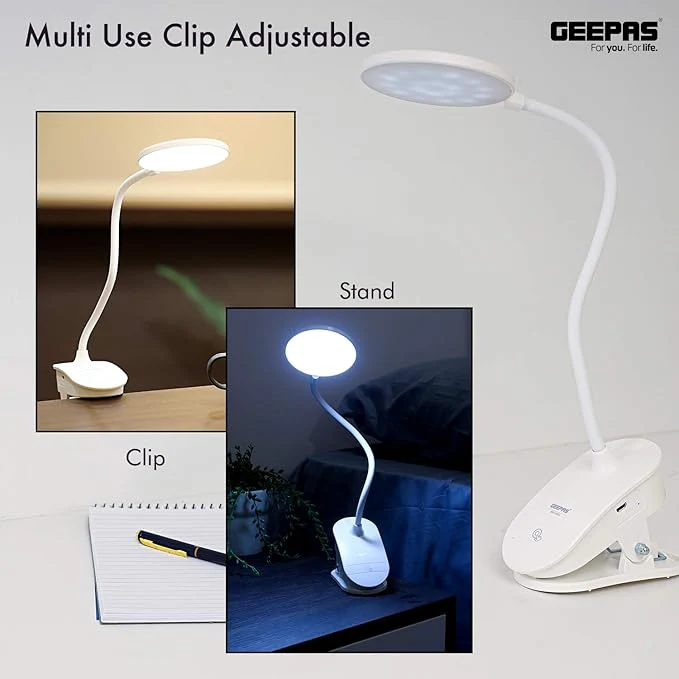 Geepas Rechargeable Desk Lamp, Large Luminescent Surface, GE53026 | Touch Sensitive Control | 3 Brightness Eye-Protect Night Light | Portable Lamp for E-Reader | Multifunctional - Image 4