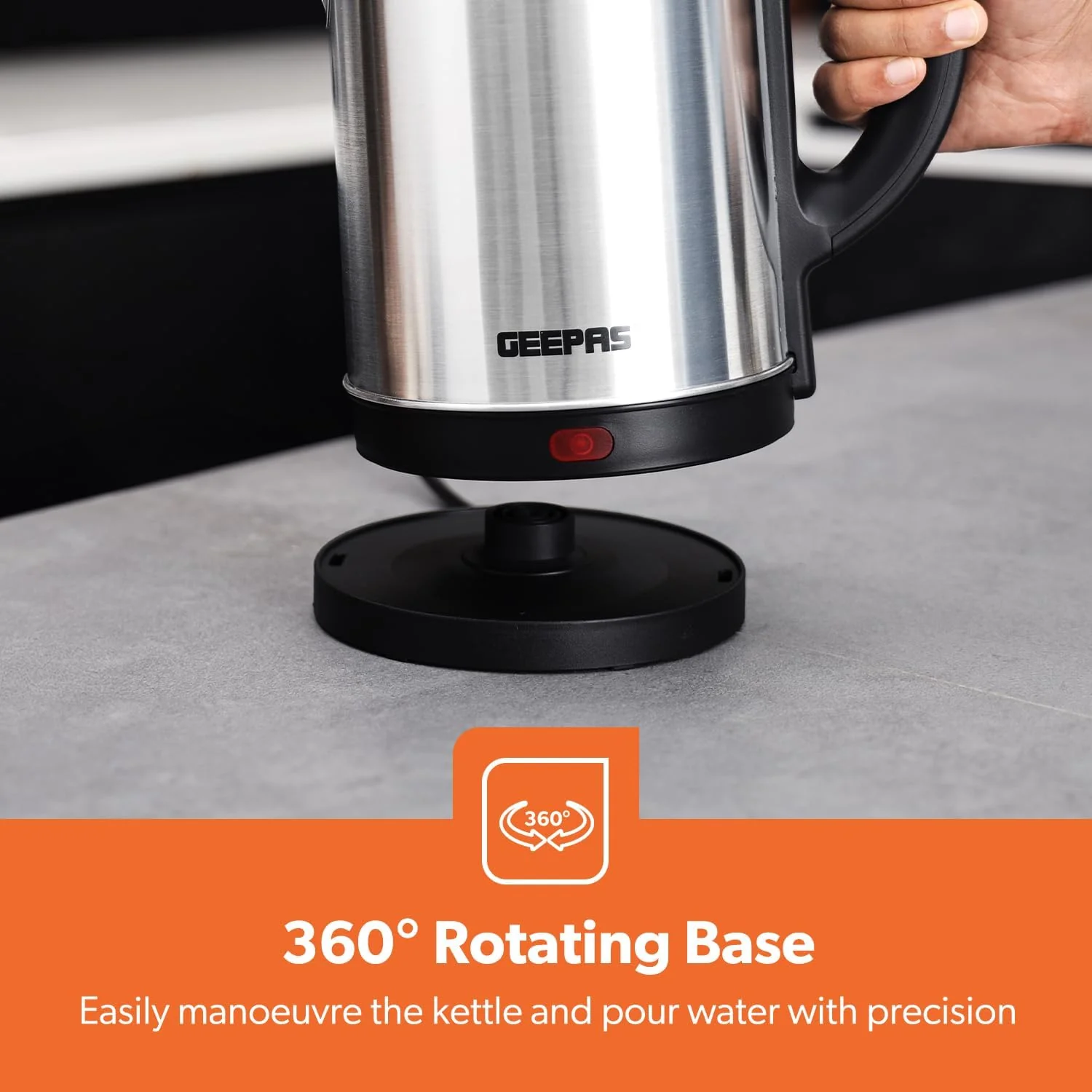 Geepas Stainless Steel Electric Kettle With Auto Shutt off and Boil Dry Protection 2 L 1800 W GK5466 Silver/Black - Image 3