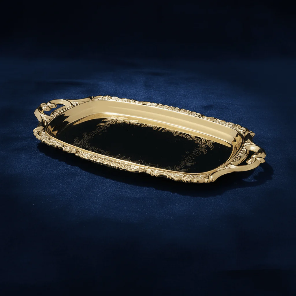 Germax Gold Metal Rectangle Snack Tray – 20×10cm | Ornate Baroque Serving Tray - Image 3
