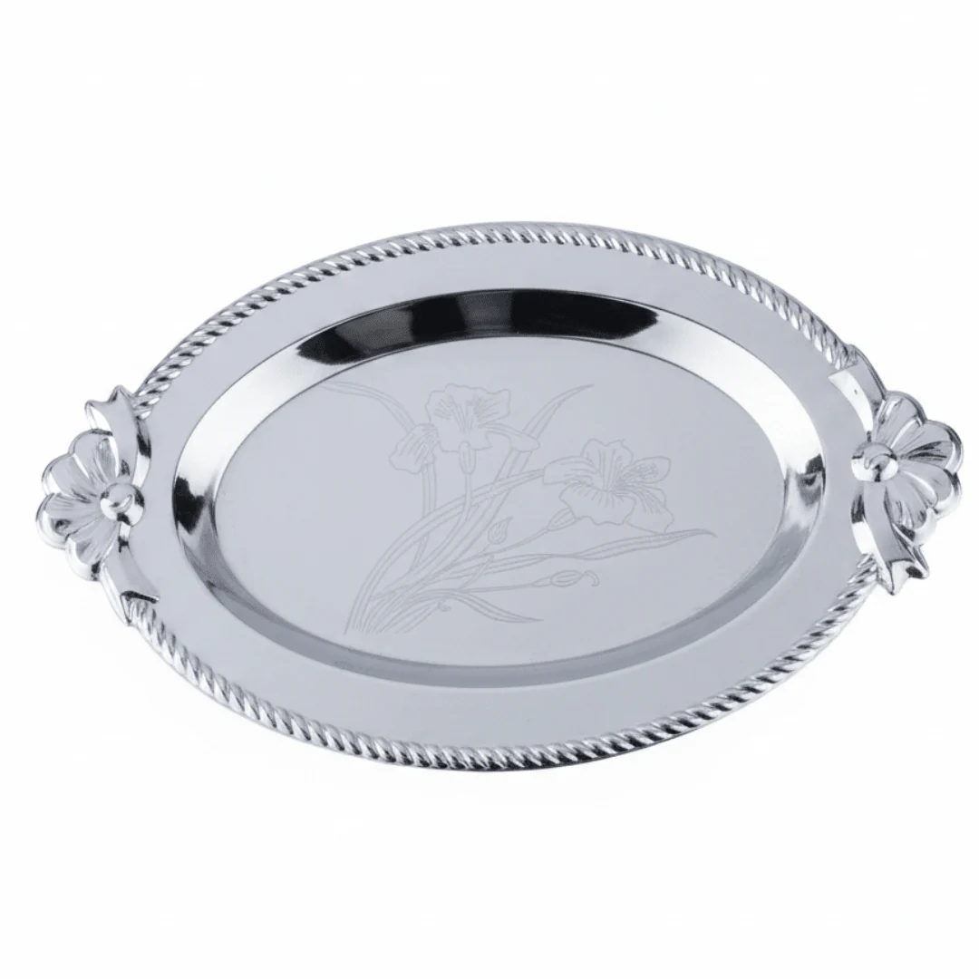 Germax Silver Oval Serving Tray – 27×18 cm | Engraved Floral Design with Decorative Handles