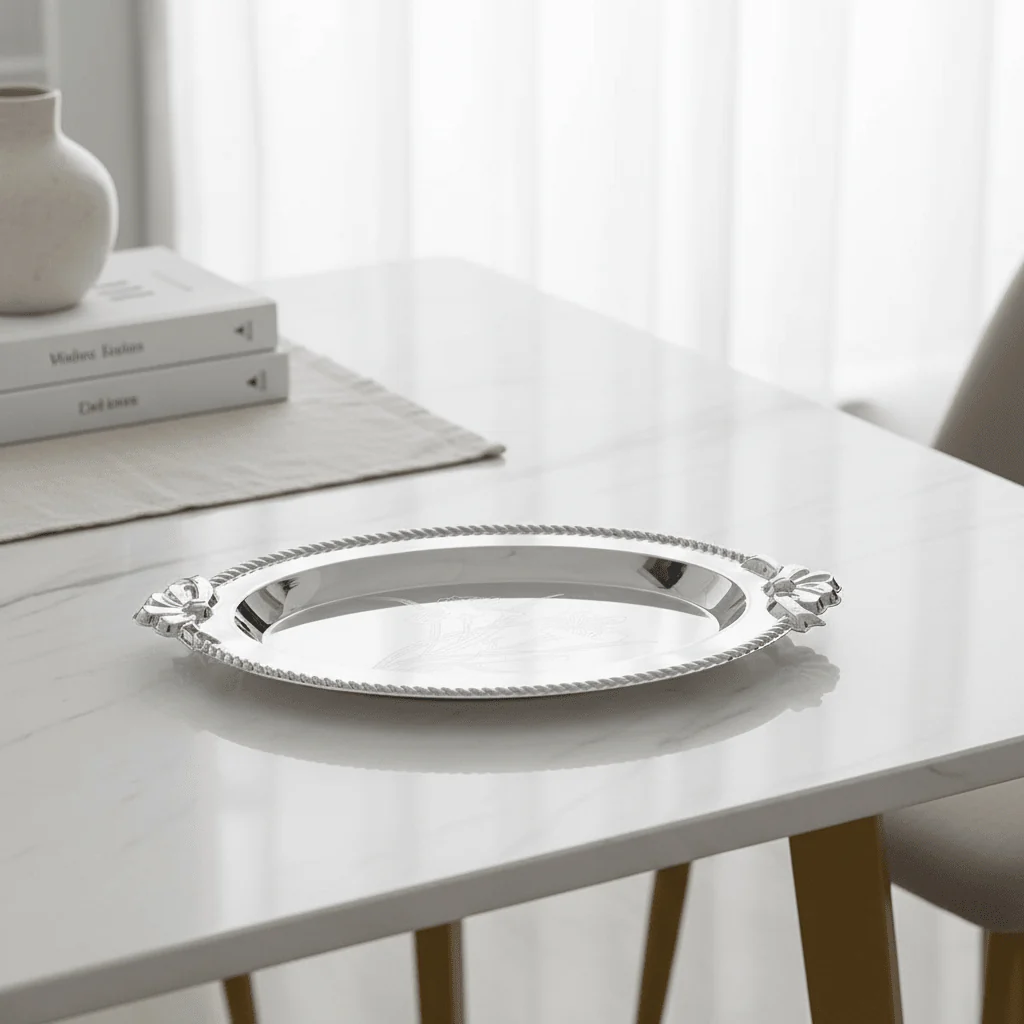 Germax Silver Oval Serving Tray – 27×18 cm | Engraved Floral Design with Decorative Handles - Image 2