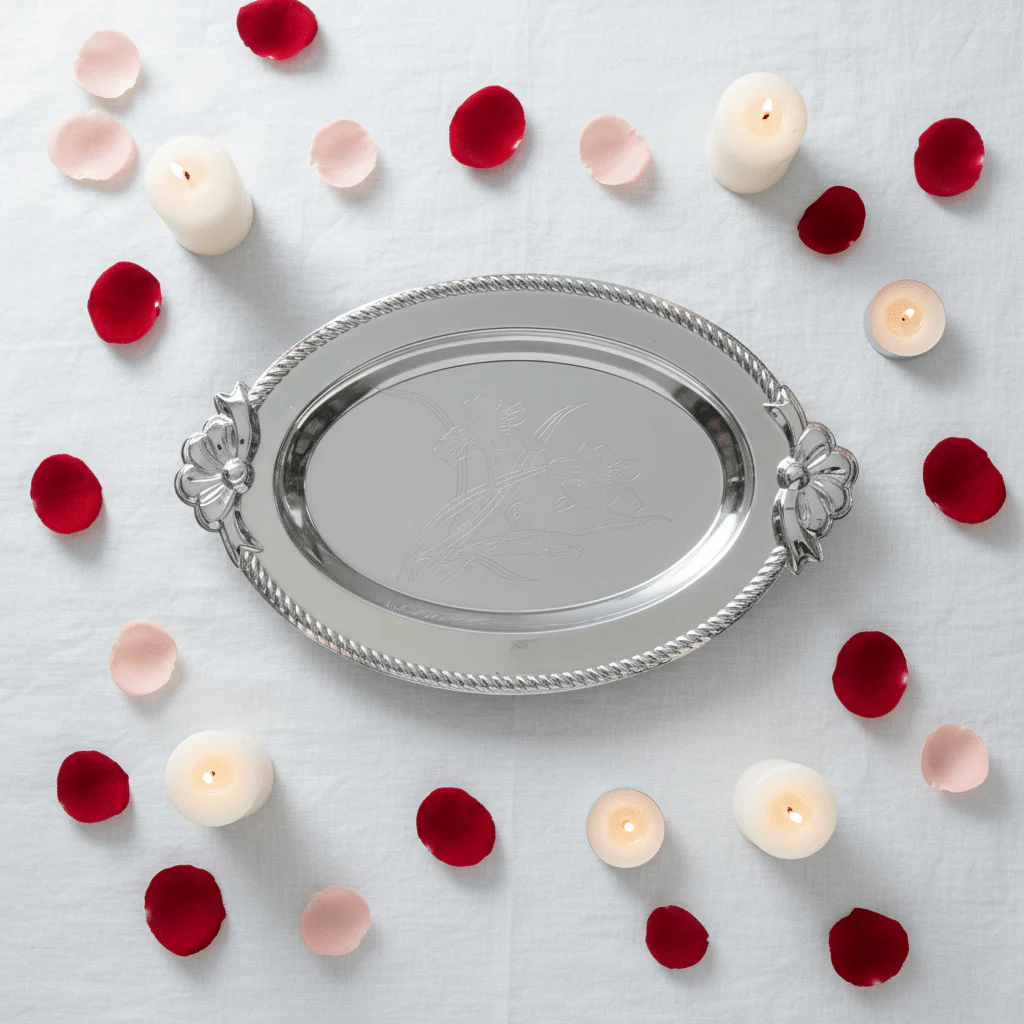 Germax Silver Oval Serving Tray – 27×18 cm | Engraved Floral Design with Decorative Handles - Image 4