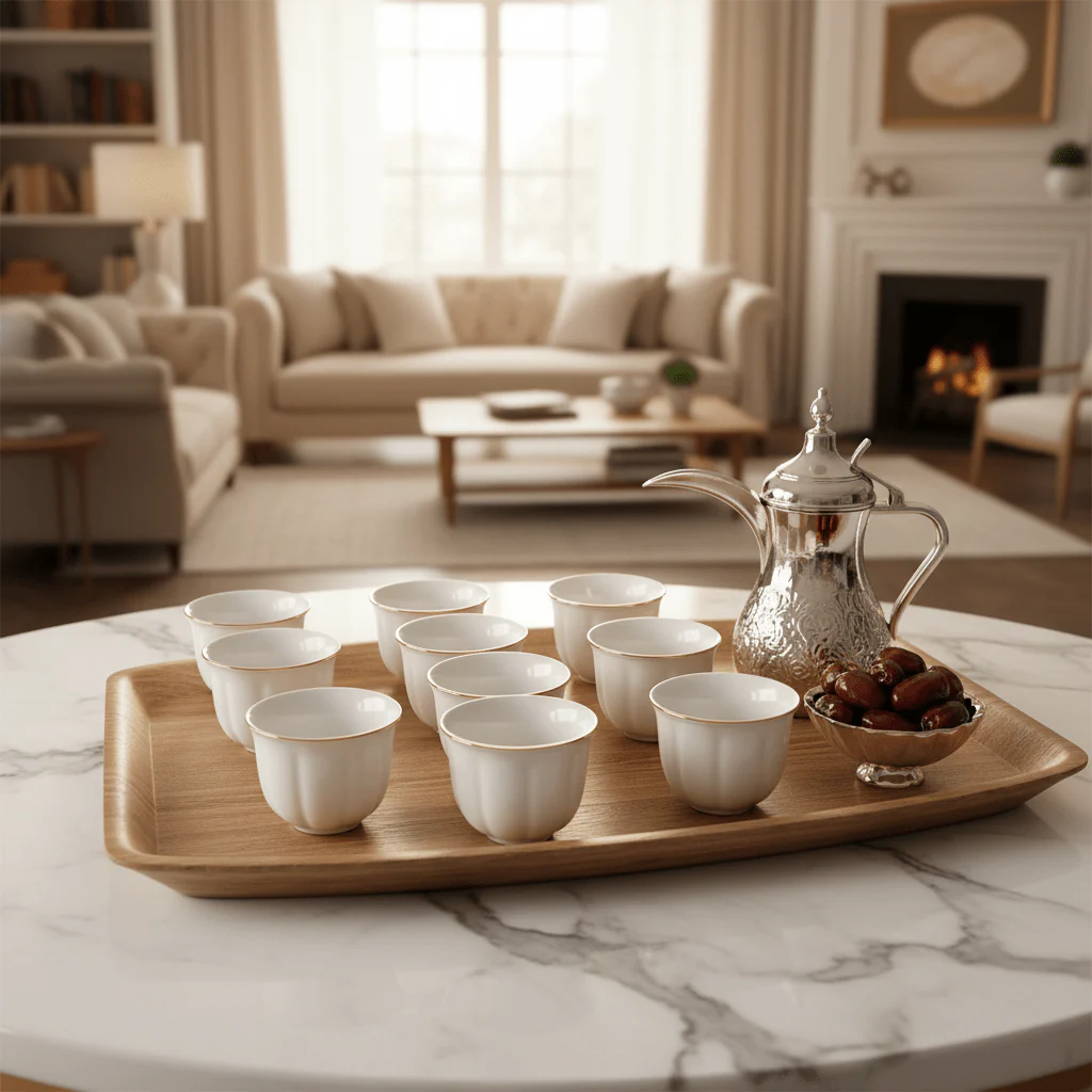 Germax 12pcs White Ceramic Cawa Cup Set with Elegant Decorative Design and Golden Rim Finish 80ml Stylish Mini Cups for Coffee and Traditional Use - Image 2