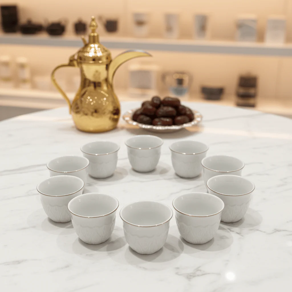 Germax 12pcs White Ceramic Cawa Cup Set with Unique Artistic Design and Golden Rim 80ml Premium Espresso Style Cups for Serving Coffee and Tea - Image 2