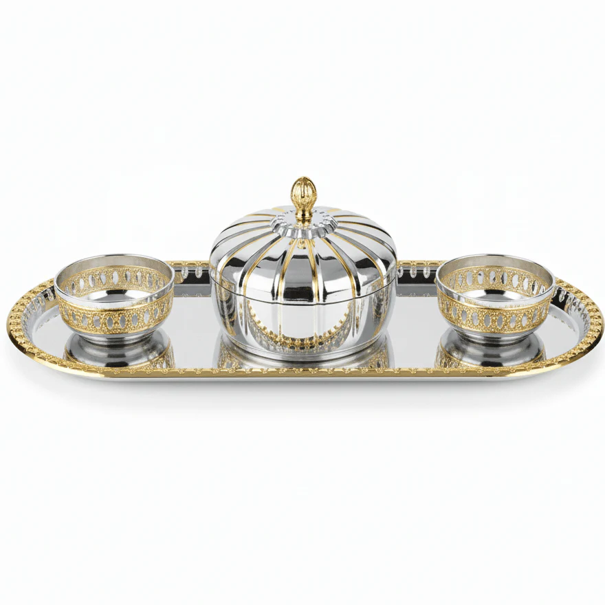 Germax Luxury Silver Metal Candy Pot with Matching Serving Tray – Elegant Sweet Presentation Set 35×15 cm
