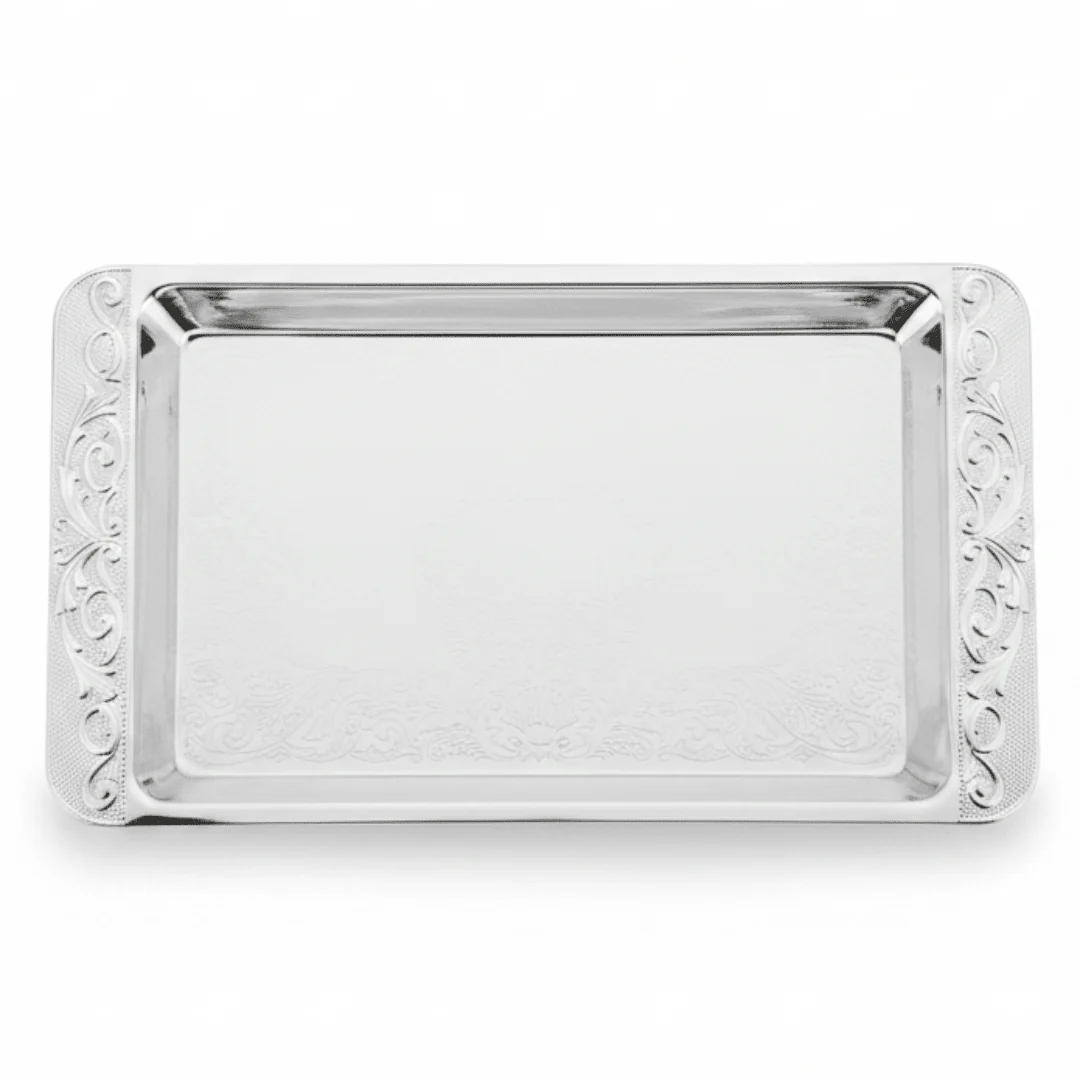 Germax Silver Metal Rectangle Serving Tray – 20×12.5cm | Engraved Floral Design