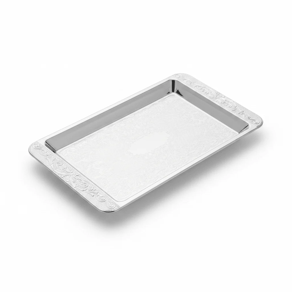 Germax Silver Metal Rectangle Serving Tray – 20×12.5cm | Engraved Floral Design - Image 3