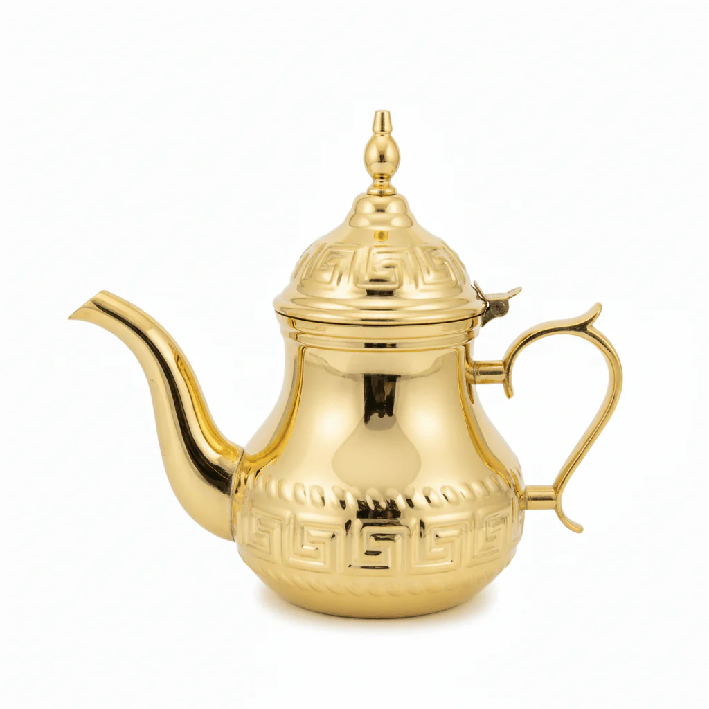 Germax Stainless Steel Tea Kettle 1.2L | Ornate Greek Key Embossed Arabic Design | Gold