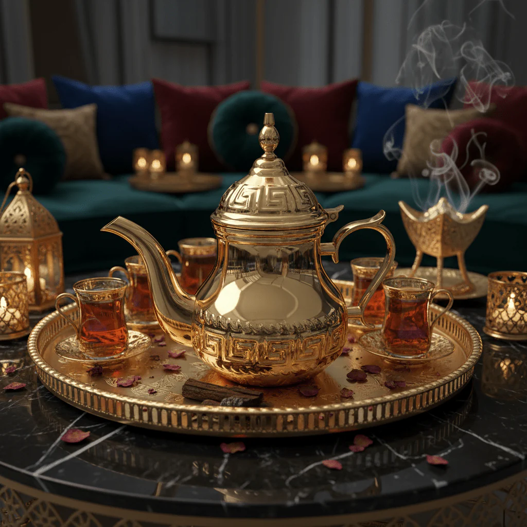 Germax Stainless Steel Tea Kettle 1.2L | Ornate Greek Key Embossed Arabic Design | Gold - Image 2