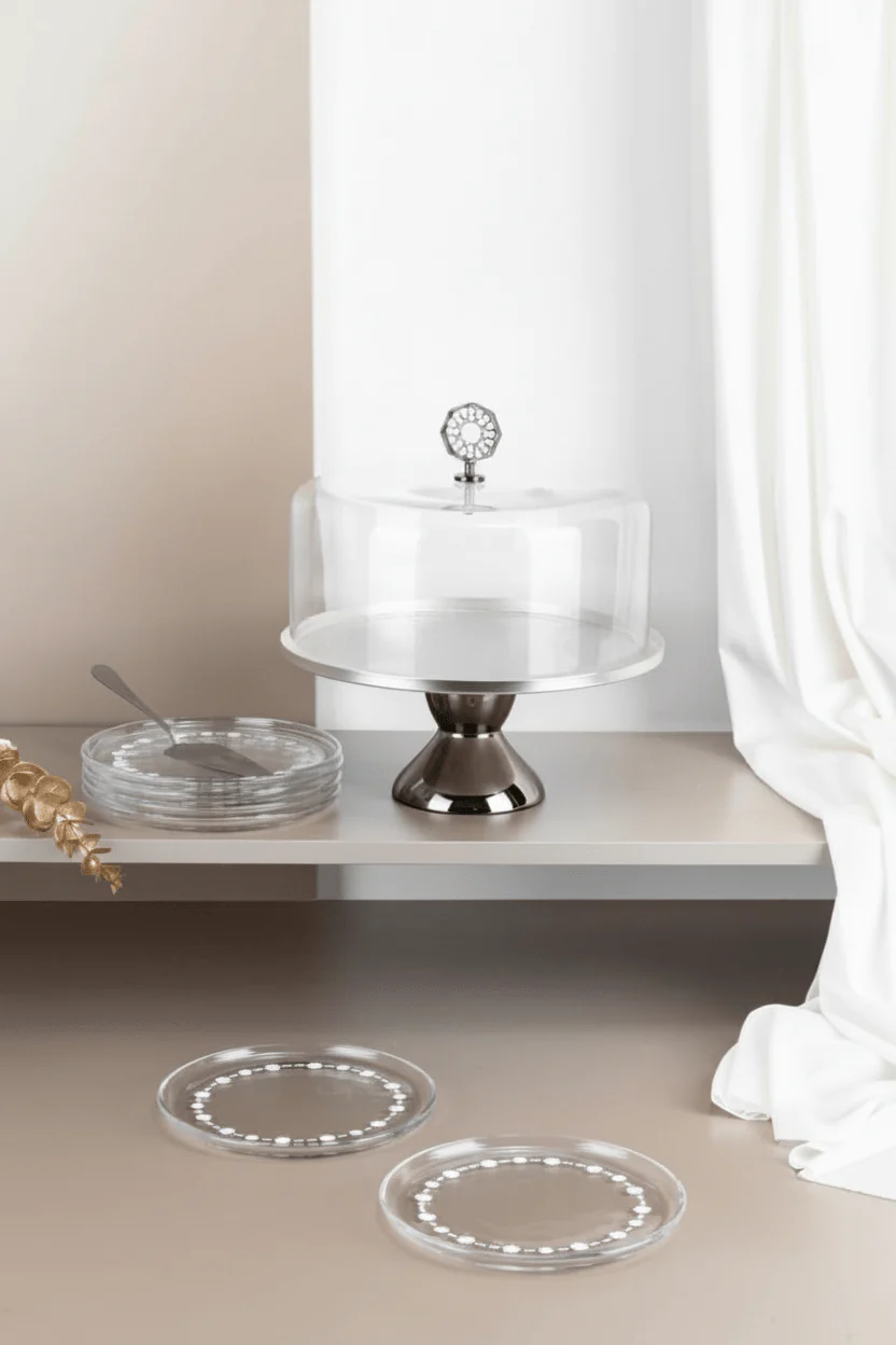 Otantik Nourhan Premium Cake & Sweet Stand Set - 7.5" Stainless Steel with 6 Glass Saucers & Serving Tools Silver