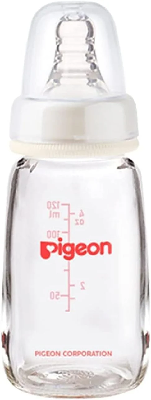 Pigeon Slim Neck Glass Feeding Bottle, Clear Cap, Ultra Soft Silicone Nipple, Anti-Colic, Durable & Long Lasting, BPA & BPS Free, White/Clear, 120ml