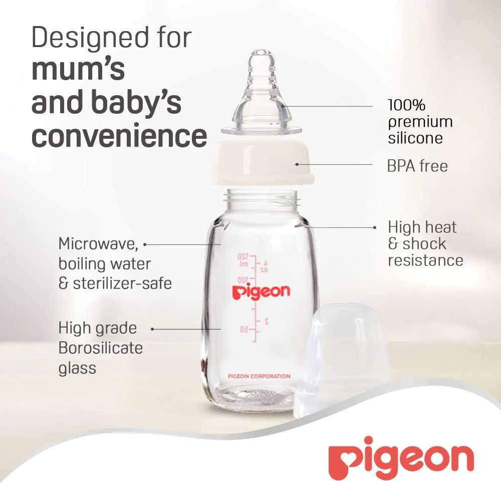 Pigeon Slim Neck Glass Feeding Bottle, Clear Cap, Ultra Soft Silicone Nipple, Anti-Colic, Durable & Long Lasting, BPA & BPS Free, White/Clear, 120ml - Image 5
