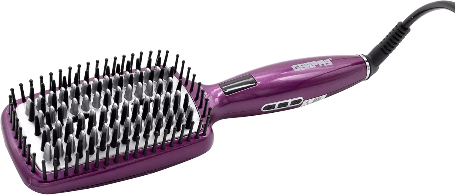 Geepas Harir Brush 50W - Straightener Brush With Ceramic Anti Scald Hair Brush, Travel Voltage Brush With Led Display And Heating Function (Max 230 Degree Celsius)