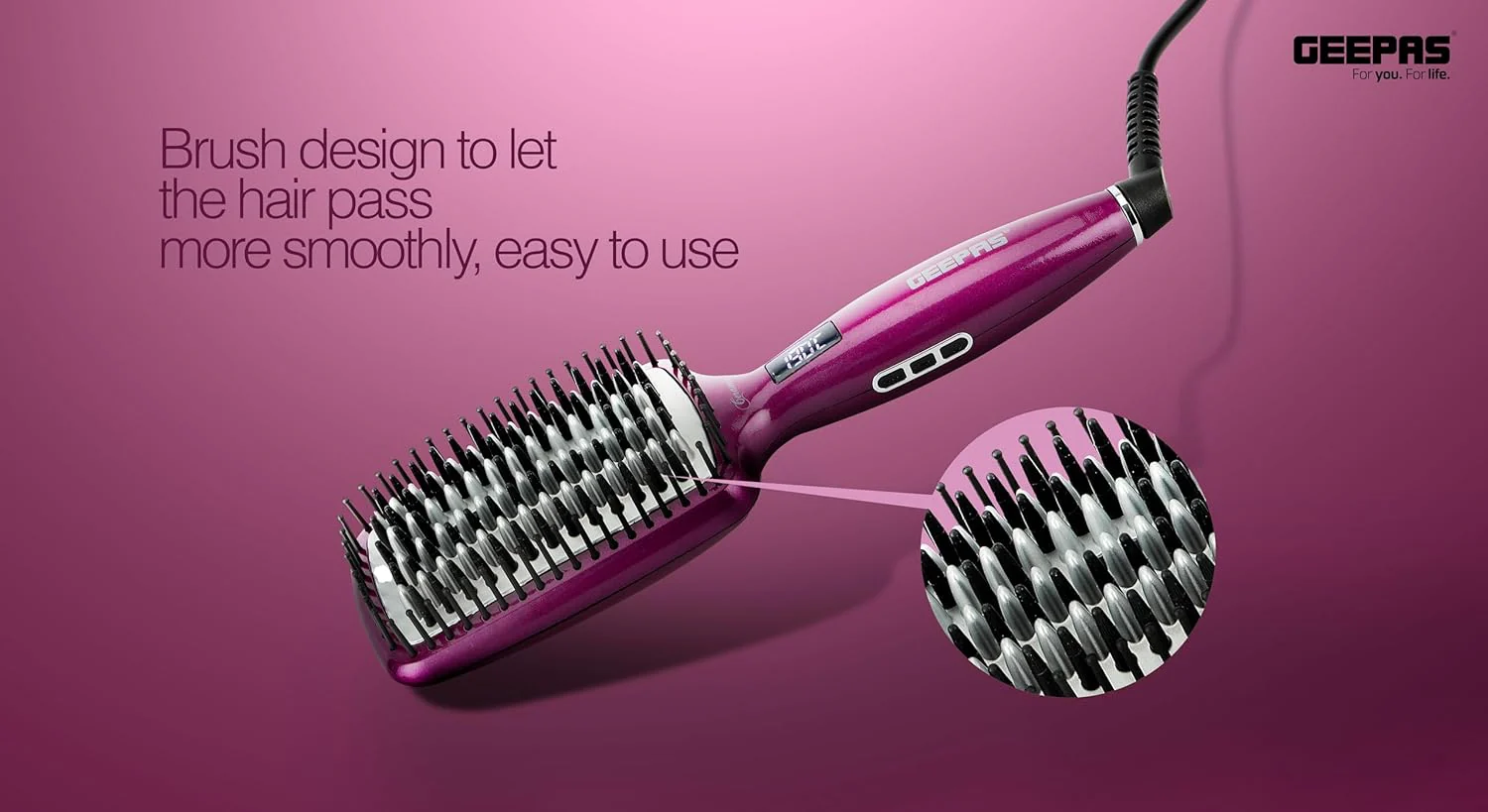 Geepas Harir Brush 50W - Straightener Brush With Ceramic Anti Scald Hair Brush, Travel Voltage Brush With Led Display And Heating Function (Max 230 Degree Celsius) - Image 3