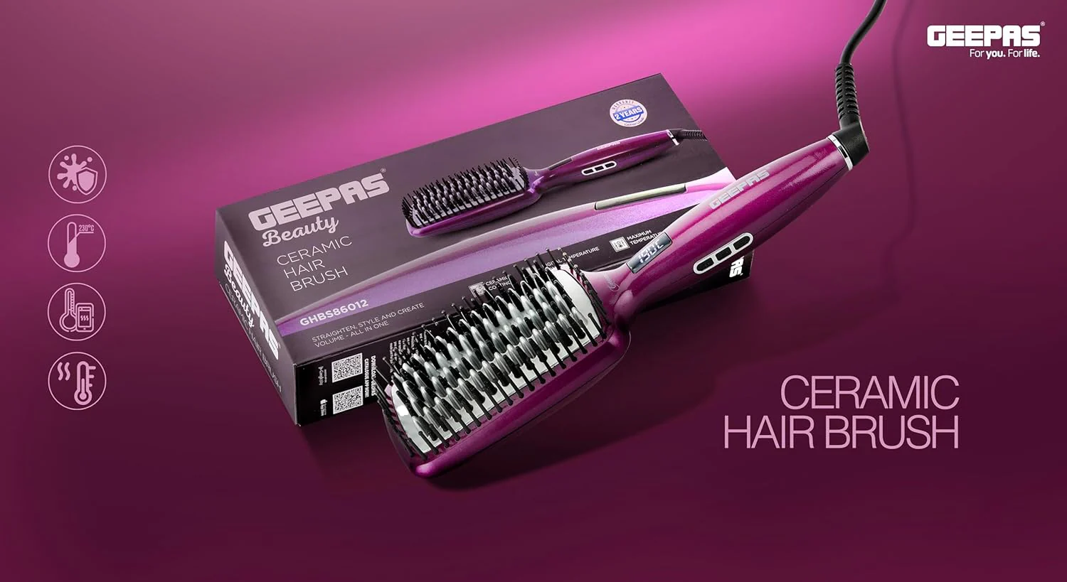 Geepas Harir Brush 50W - Straightener Brush With Ceramic Anti Scald Hair Brush, Travel Voltage Brush With Led Display And Heating Function (Max 230 Degree Celsius) - Image 4