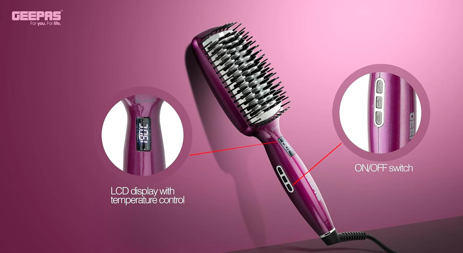 Geepas Harir Brush 50W - Straightener Brush With Ceramic Anti Scald Hair Brush, Travel Voltage Brush With Led Display And Heating Function (Max 230 Degree Celsius) - Image 5