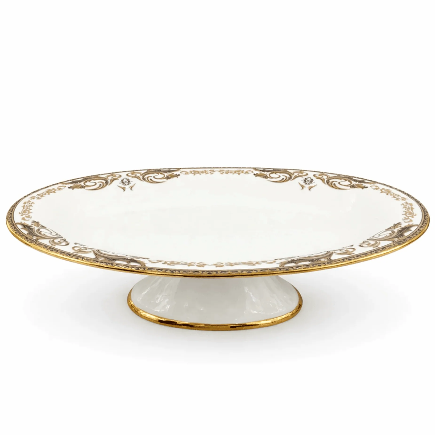 Angela AB-145 Ceramic Oval Pedestal Bowl with Stand (Serving Tray) – 38 × 23 cm – White with Gold Detailing