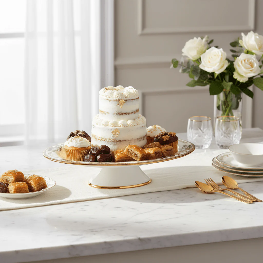 Angela AB-145 Ceramic Oval Pedestal Bowl with Stand (Serving Tray) – 38 × 23 cm – White with Gold Detailing - Image 2