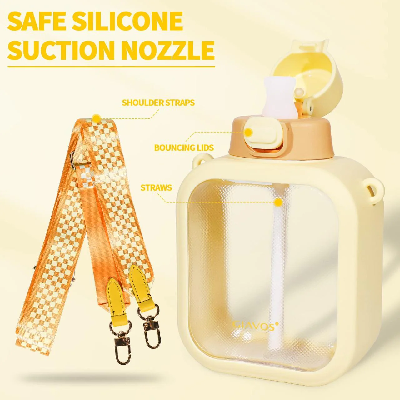 Giavos Fashion Plastic Water Bottle 700ml with Adjustable Strap, Pale Yellow - Image 2