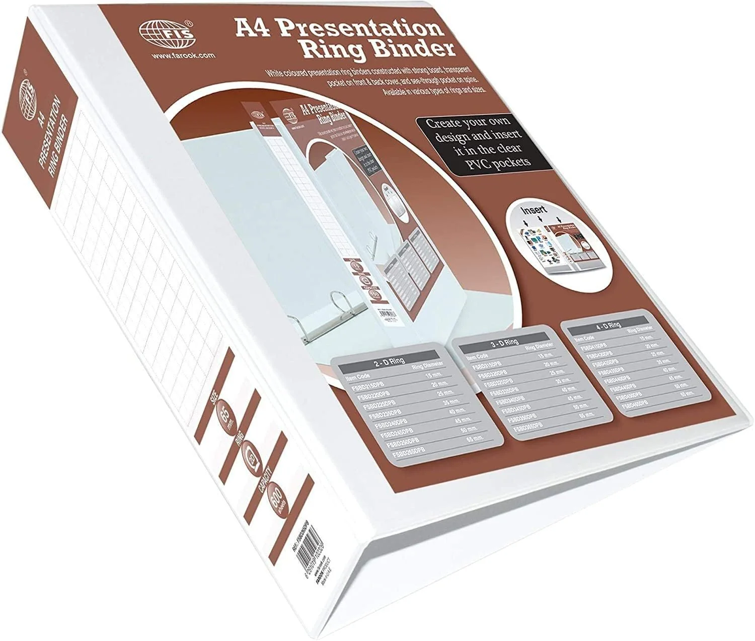 FIS FSBD265DPB A4 Presentation Ring Binder – 2D Ring, 65mm, White, 600 Sheet Capacity