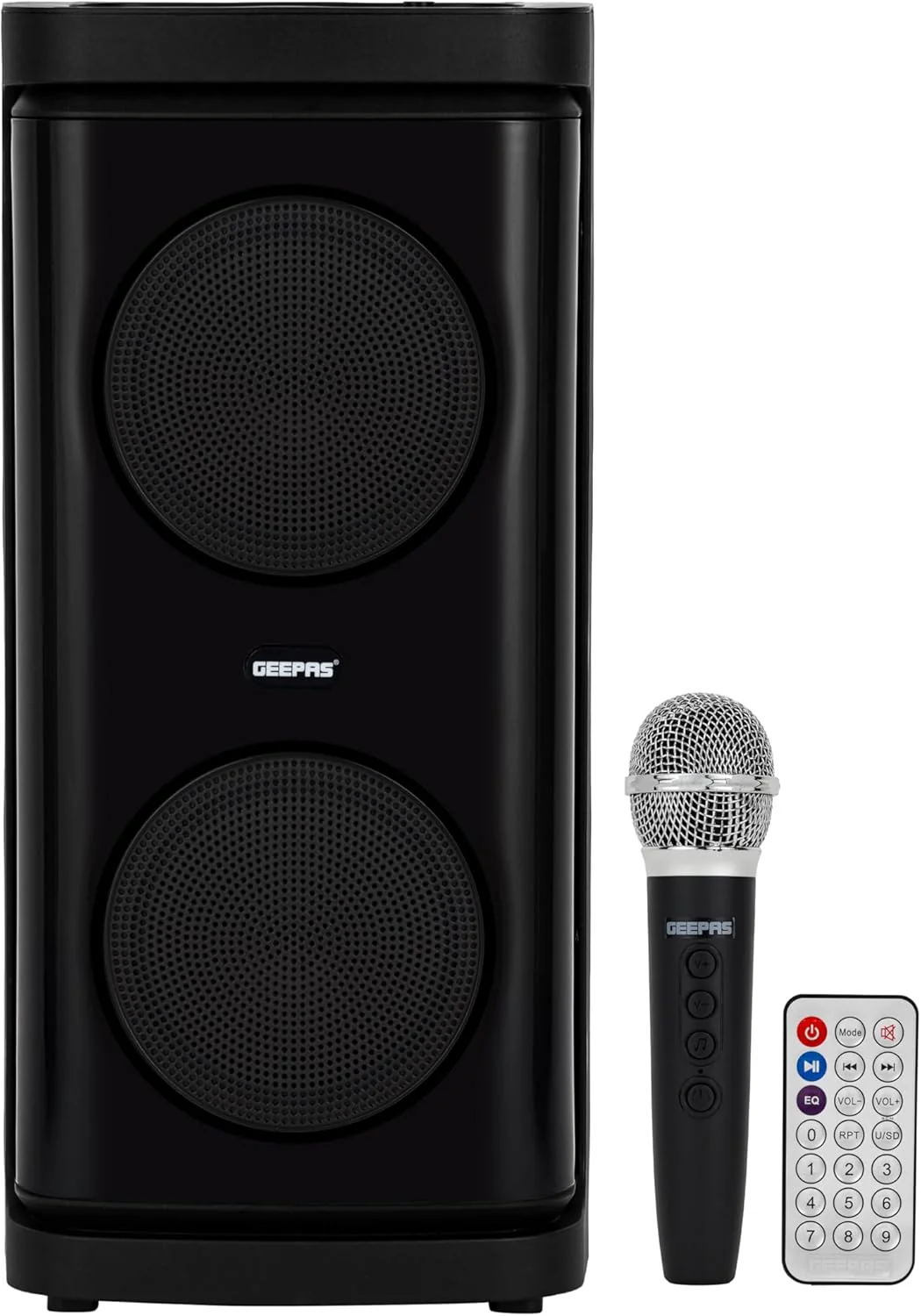 Geepas Rechargeable Portable Speaker- GMS11193/ RGB Light, USB Input, TF, TWS, FM Radio, VHF Microphone, Bluetooth/ 20000W PMPO Speakers Unit, with Remote Control
