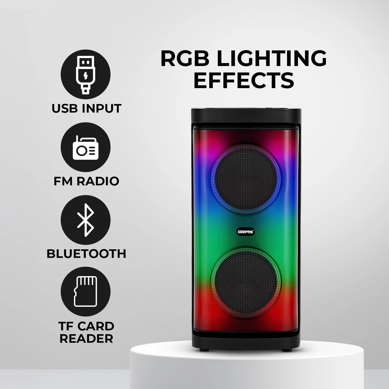 Geepas Rechargeable Portable Speaker- GMS11193/ RGB Light, USB Input, TF, TWS, FM Radio, VHF Microphone, Bluetooth/ 20000W PMPO Speakers Unit, with Remote Control - Image 6