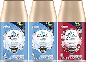 Glade Automatic Spray Refill 2 x Clean Linen & 1 x Blooming Peony & Cherry Air Freshener, For Up To 60 Days Of Automatic Freshness, 3 x 269ml
