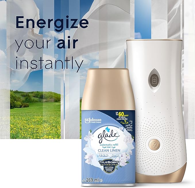 Glade Automatic Spray Refill 2 x Clean Linen & 1 x Blooming Peony & Cherry Air Freshener, For Up To 60 Days Of Automatic Freshness, 3 x 269ml - Image 3