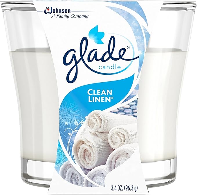 Glade Renewing Clean Linen Scented Candle, Fragrance Infused With Essential Oils, 3.4Oz
