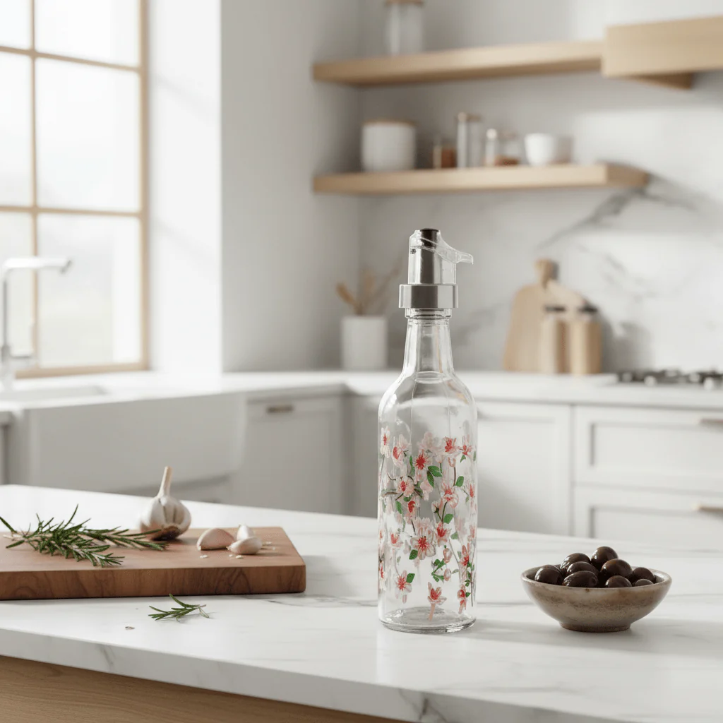 Floral Glass Oil Dispenser Bottle with Pump | Cherry Blossom Design | 25cm - Image 2