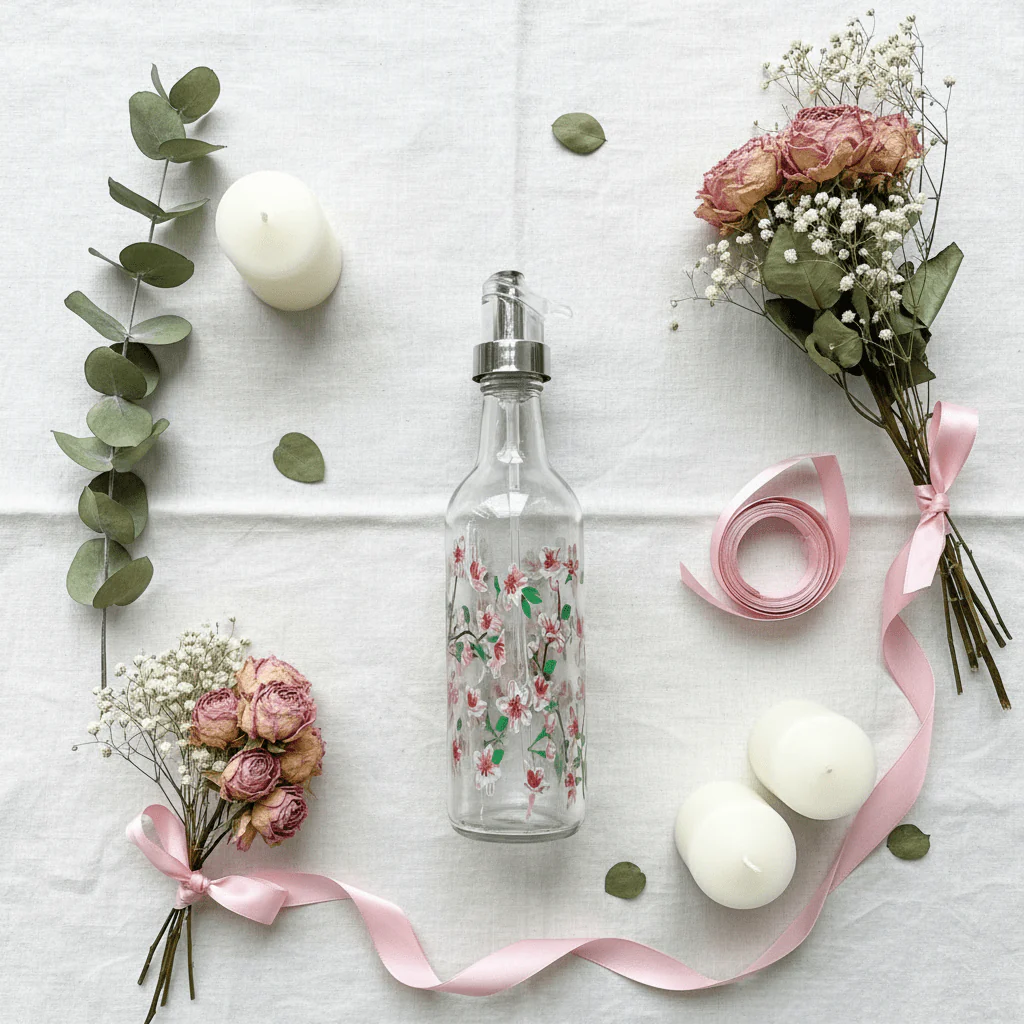 Floral Glass Oil Dispenser Bottle with Pump | Cherry Blossom Design | 25cm - Image 3