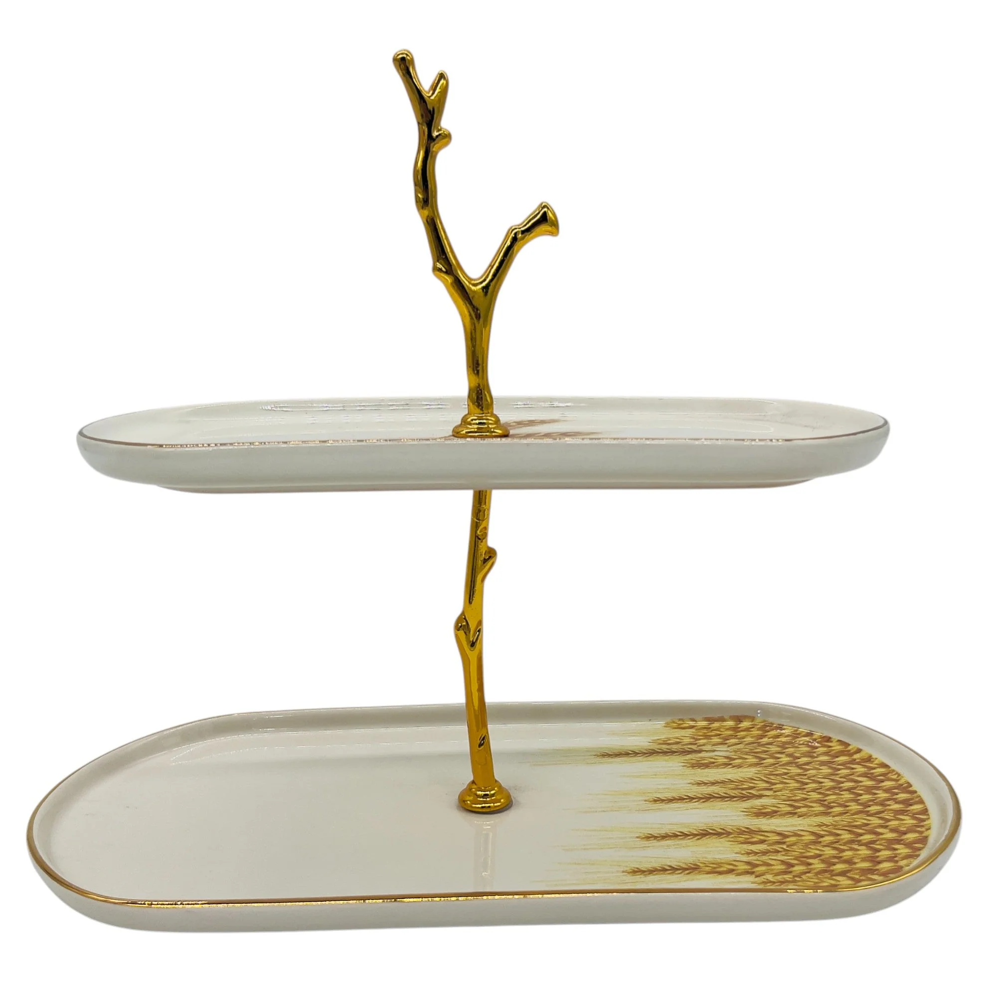 Glore Ceramic 2-Tier Candy Tray 27cm*13.5cm*22cm, White-Gold-Wheat Pattern