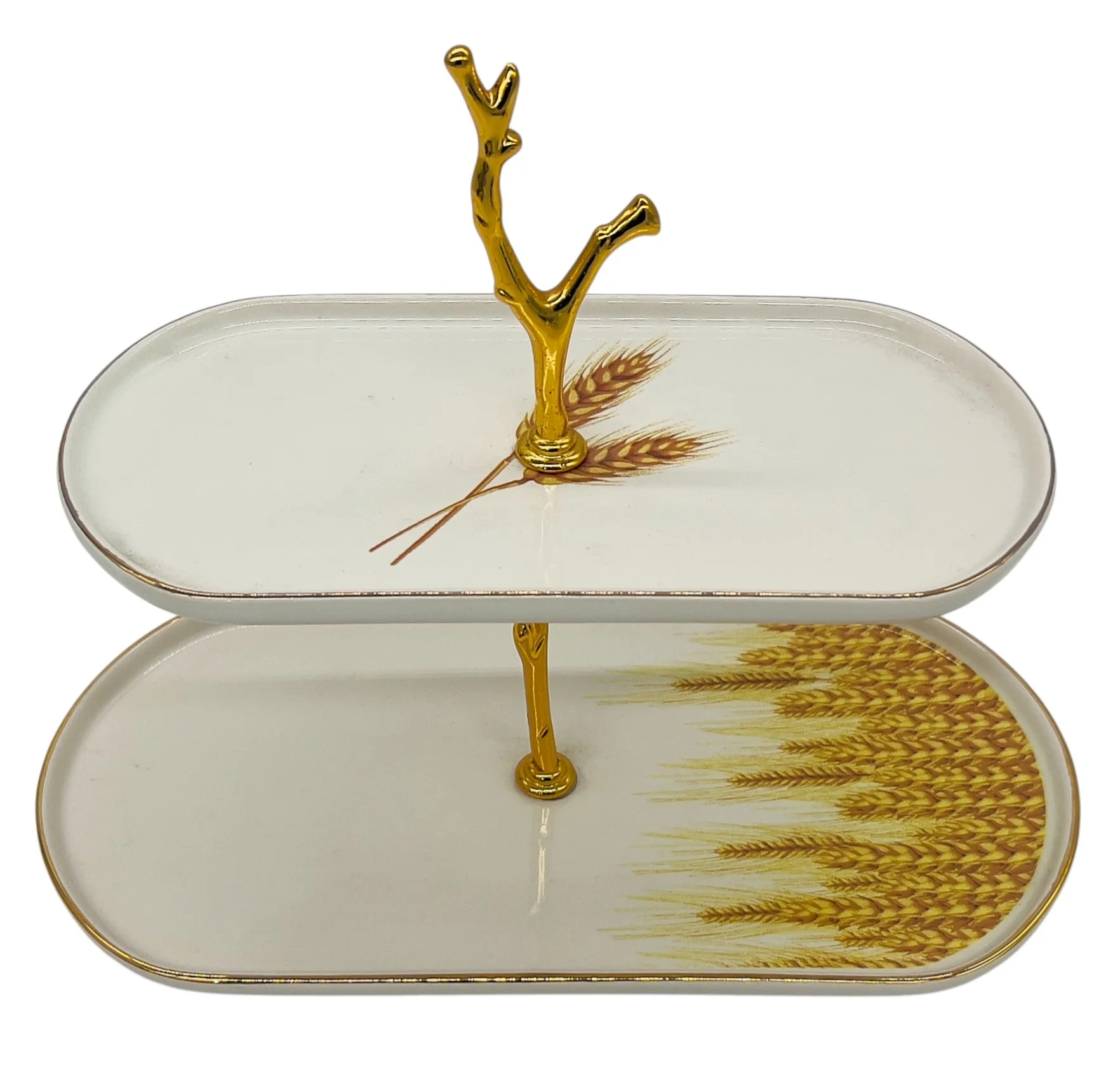 Glore Ceramic 2-Tier Candy Tray 27cm*13.5cm*22cm, White-Gold-Wheat Pattern - Image 2