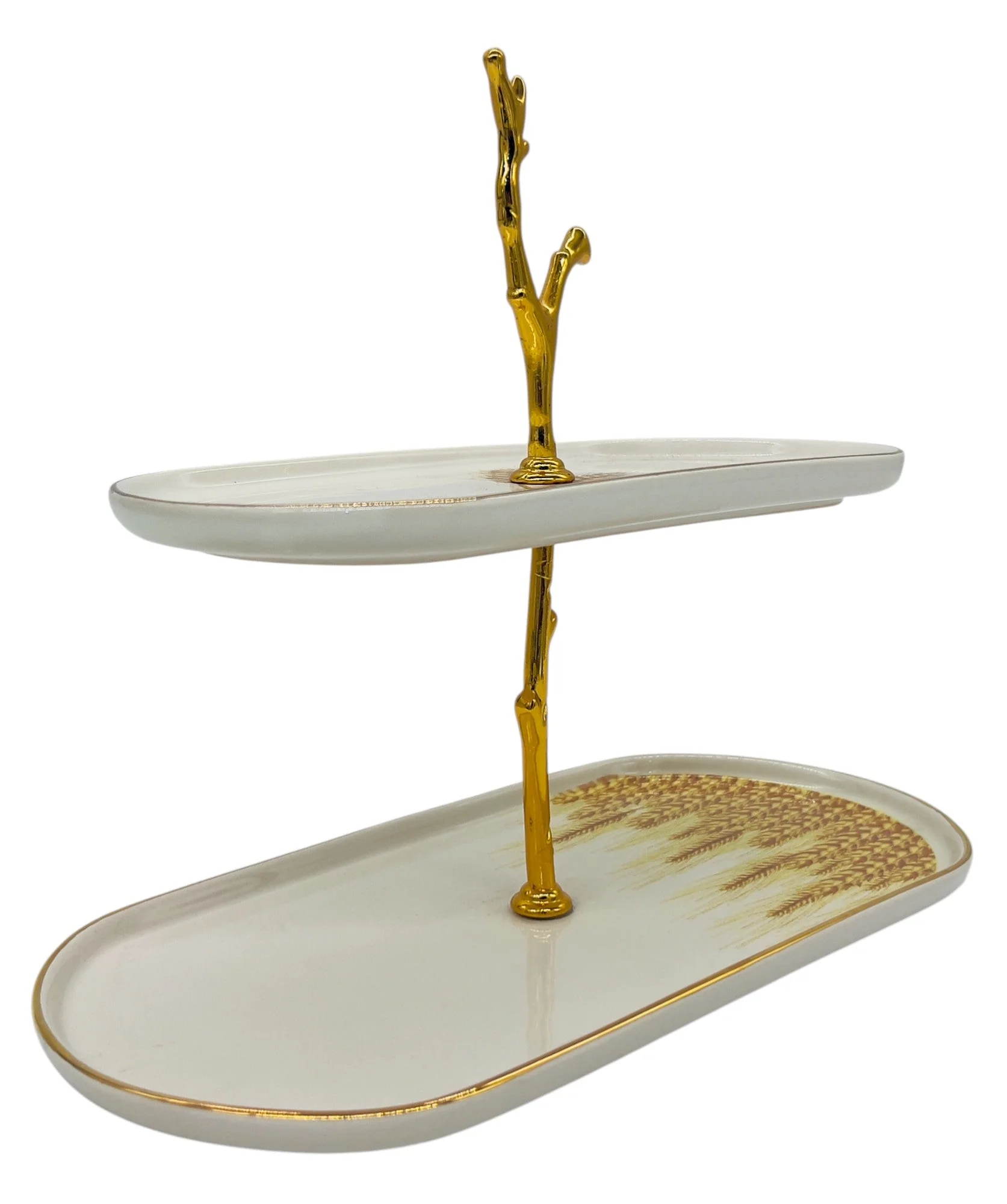 Glore Ceramic 2-Tier Candy Tray 27cm*13.5cm*22cm, White-Gold-Wheat Pattern - Image 3
