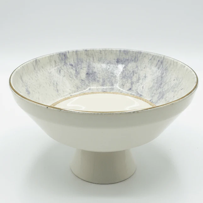 Glore Elegant Cream Ceramic Footed Candy Bowl with Blue Accent and Gold Rim Decorative Centerpiece Dish 24 cm