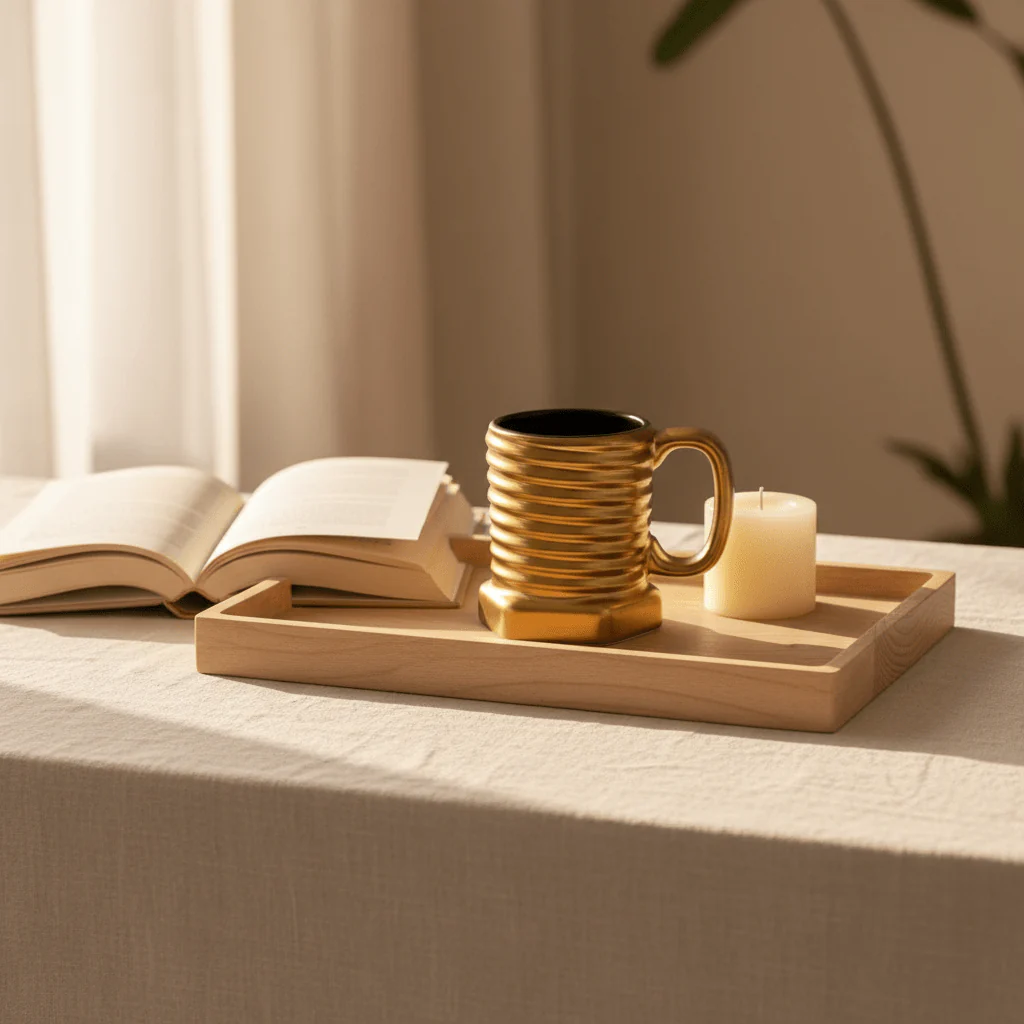 Gold & Black Ribbed Ceramic Mug — 350ml | Luxury Hexagonal Design - Image 3