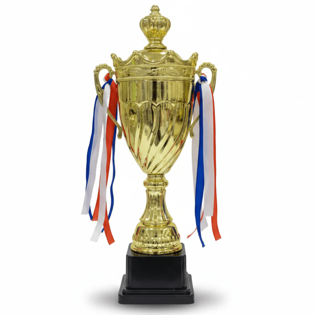 Gold & Black Metal Trophy Cup — 30cm | Premium Award with Decorative Handles & Ribbons