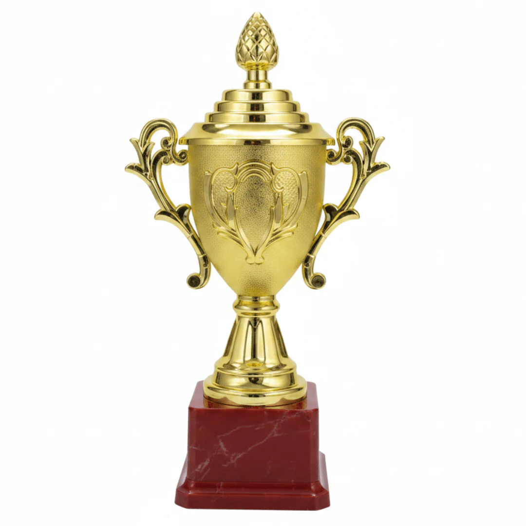 Gold Champion Trophy – 26cm | Plastic Ornate Award Cup with Red Base
