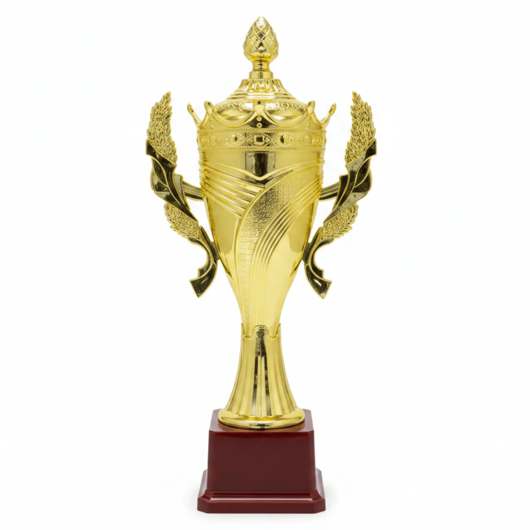 Gold & Red Prestige Trophy – 32cm | Award Cup with Laurel Wings & Plastic Base