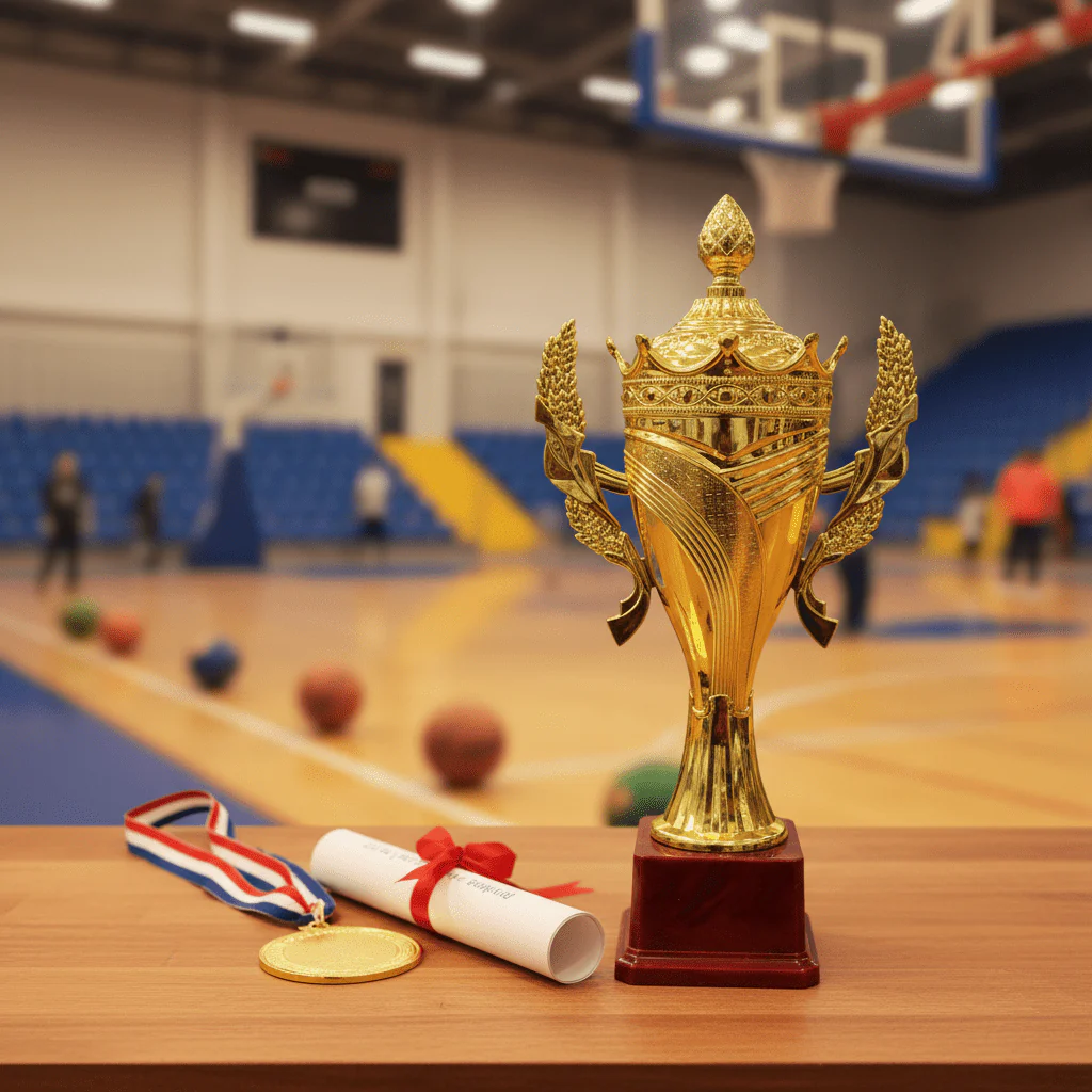 Gold & Red Prestige Trophy – 32cm | Award Cup with Laurel Wings & Plastic Base - Image 2